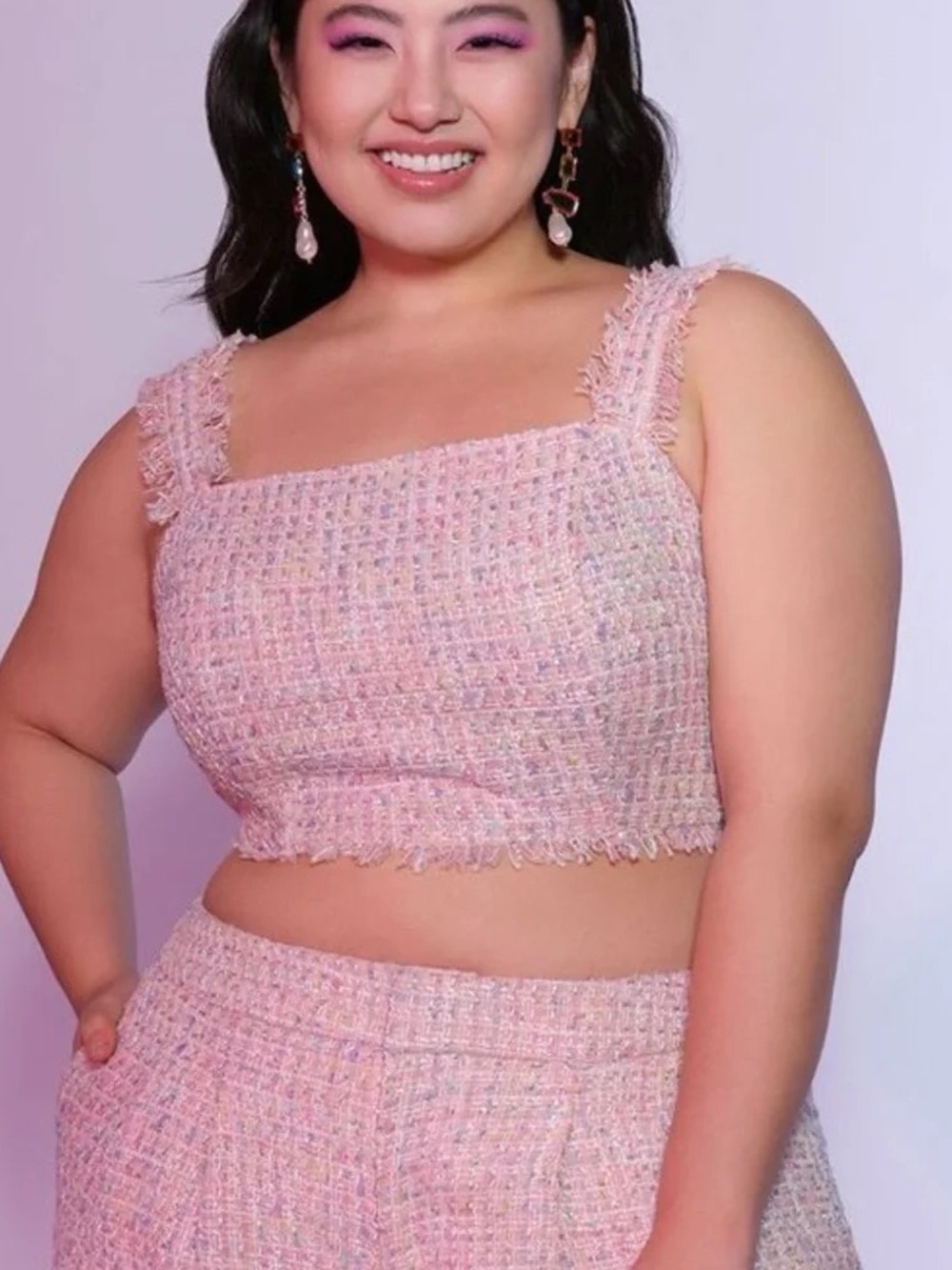 NWT ELOQUII Pink Tweed Crop Tank Top Fringe Trimmed Lined Metallic Plus Size 14